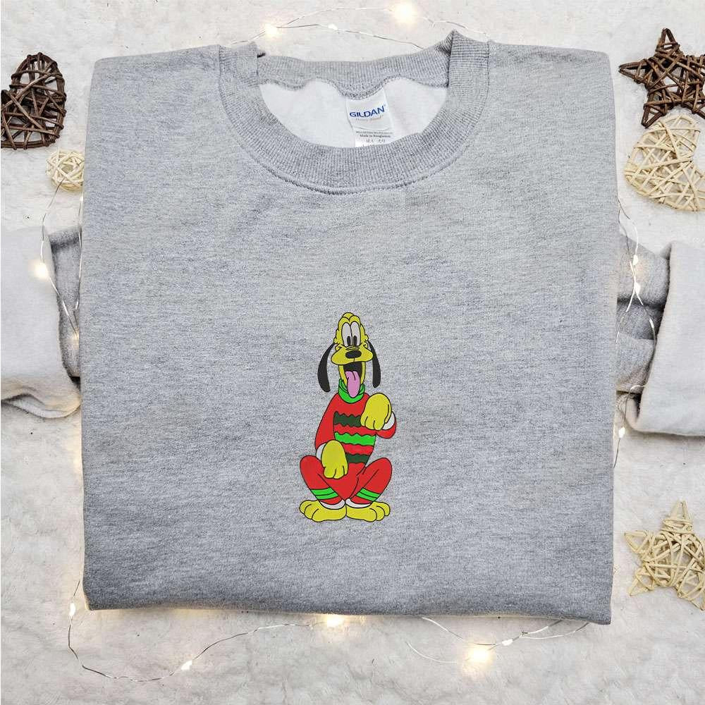 Pluto Wearing Christmas Pajama Embroidered Shirt Disney Characters Embroidered Hoodie Christmas Embroidered Sweatshirt