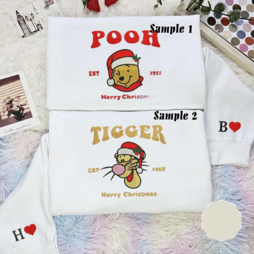 Pooh And Tigger Santa Hat Disney Winnie The Pooh Christmas Embroidered Couples Shirts