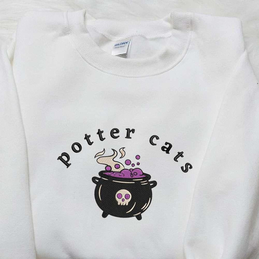 Potter Cats Halloween Embroidered Shirt Spooky Halloween Embroidered Shirt Best Gifts for Family