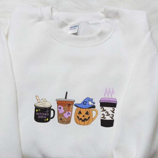 Pumpkin Coffe Latte Embroidered Shirt Spooky Halloween Embroidered Hoodie Funny Halloween Embroidered T shirt
