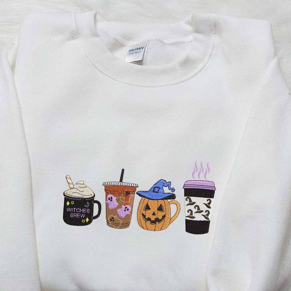 Pumpkin Coffe Latte Embroidered Shirt Spooky Halloween Embroidered Hoodie Funny Halloween Embroidered T shirt