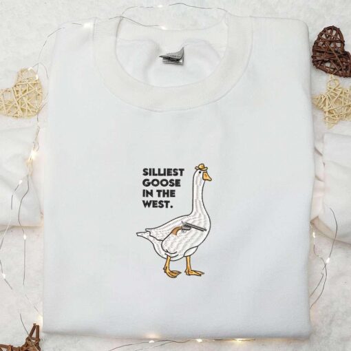 Silliest Goose in the West with Gun Embroidered Shirt Animal Embroidered Shirt Funny Embroidered Shirt