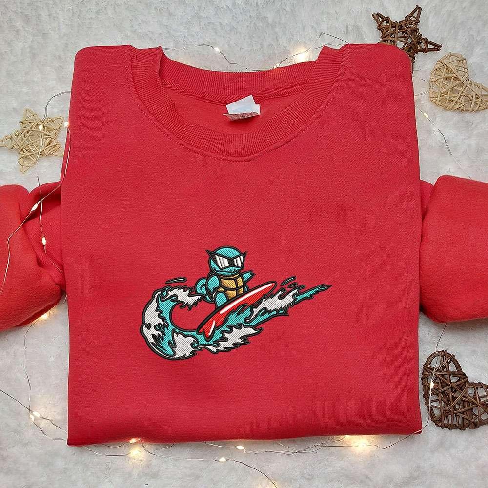 Squirtle Surfing X Nike Swoosh , Anime Embroidered T-shirt Sweatshirt Hoodie, Inspired Anime Movie, Best Gift for Anime Fans