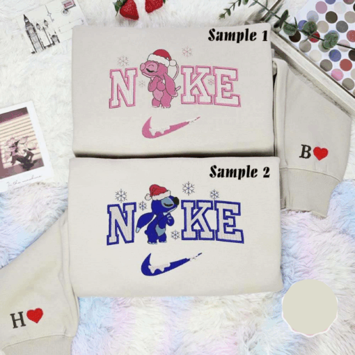 Stitch And Angel Christmas Snow Embroidered Couples Shirts