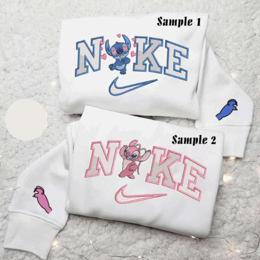 Stitch And Angel Love x Nike Couple Embroidered Shirt Disney Characters Embroidered Hoodie Valentines Day Embroidered Sweatshirt
