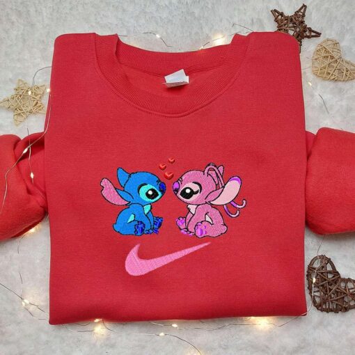 Stitch and Angel Love x Nike Swoosh Cartoon Embroidered Shirt Lilo and Stitch Embroidered Shirt Nike Inspired Embroidered Shirt