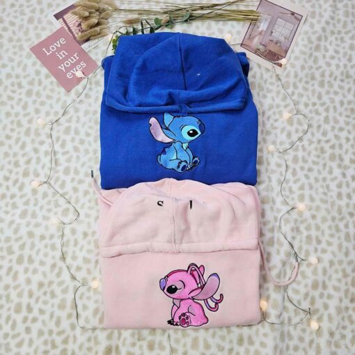 Stitch And Angel Side Profile Disney Characters Embroidered Couples Shirts