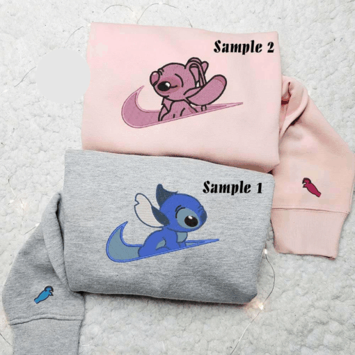 Stitch And Angel Side Profile Love Disney Characters Embroidered Couples Shirts