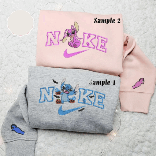 Stitch And Angel x Nike Couple Embroidered Shirt Halloween Embroidered Hoodie Valentines Day Embroidered Sweatshirt