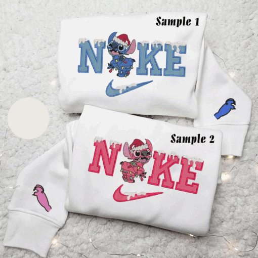 Stitch And Angel Xmas x Nike Couple Embroidered Shirt Christmas Embroidered Hoodie Valentines Day Embroidered Sweatshirt