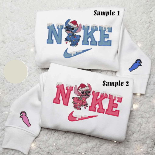 Stitch And Angel Xmas X Nike Couple Embroidered Shirt Christmas Embroidered Hoodie Valentines Day Embroidered Sweatshirt