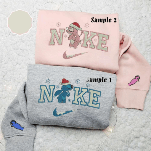 Stitch And Angel Xmas X Nike Couple Embroidered Shirt Valentines Day Embroidered Hoodie Christmas Embroidered Sweatshirt