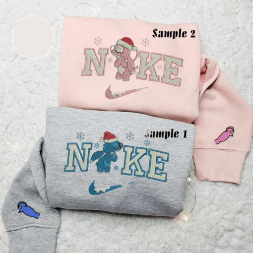 Stitch And Angel Xmas x Nike Couple Embroidered Shirt Valentines Day Embroidered Hoodie Christmas Embroidered Sweatshirt