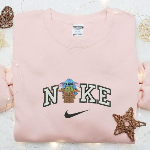 Stitch And Baby Yoda x Nike Embroidered Shirt Nike Inspired Embroidered Hoodie Best Gift Idea