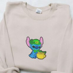 Stitch And Pot Of Gold Embroidered Shirt Disney Characters Embroidered Hoodie Saint Patricks Day Gift Ideas