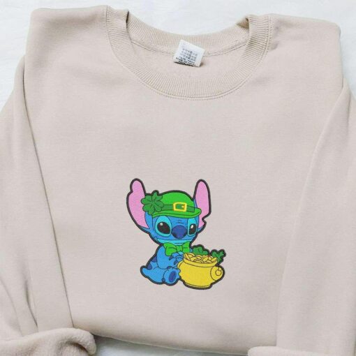 Stitch And Pot Of Gold Embroidered Shirt Disney Characters Embroidered Hoodie Saint Patricks Day Gift Ideas
