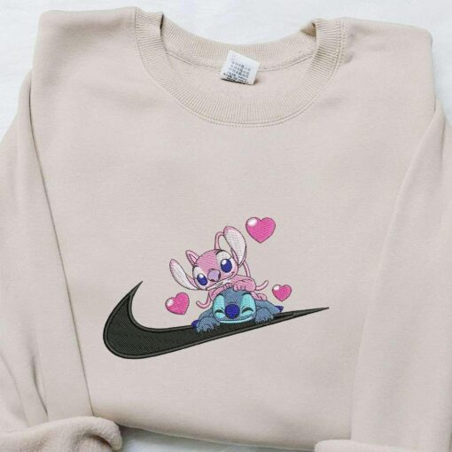 Stitch Angel Couple Love x Swoosh Cartoon Embroidered Hoodie Disney Characters Embroidered Shirt Best Gift Ideas for Family