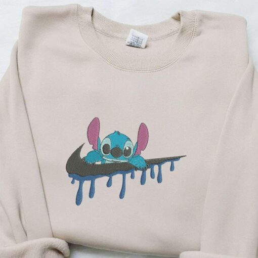 Stitch Cartoon x Swoosh Embroidered Shirt Disney Characters Embroidered Shirt Best Gift Ideas for Family