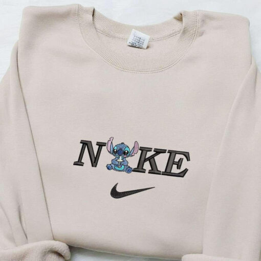 Stitch Drinking Boba x Nike Embroidered Shirt Disney Characters Embroidered Hoodie Nike Inspired Embroidered Sweatshirt