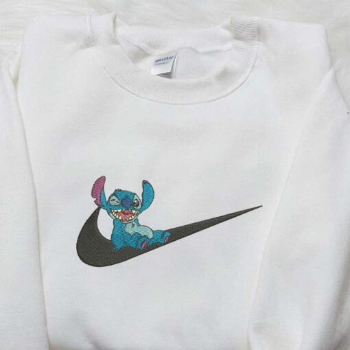 Stitch Laughing x Nike Swoosh Embroidered Sweatshirt Lilo and Stitch Cartoon Embroidered Shirt Nike Inspired Embroidered Shirt