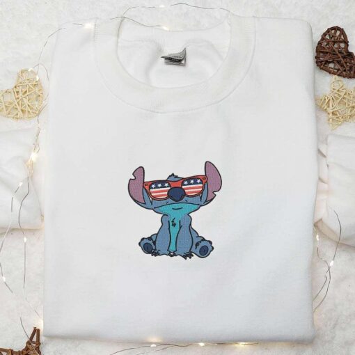 Stitch with America Glasses Embroidered Shirt Disney Embroidered Shirt Independence Day Embroidered Shirt