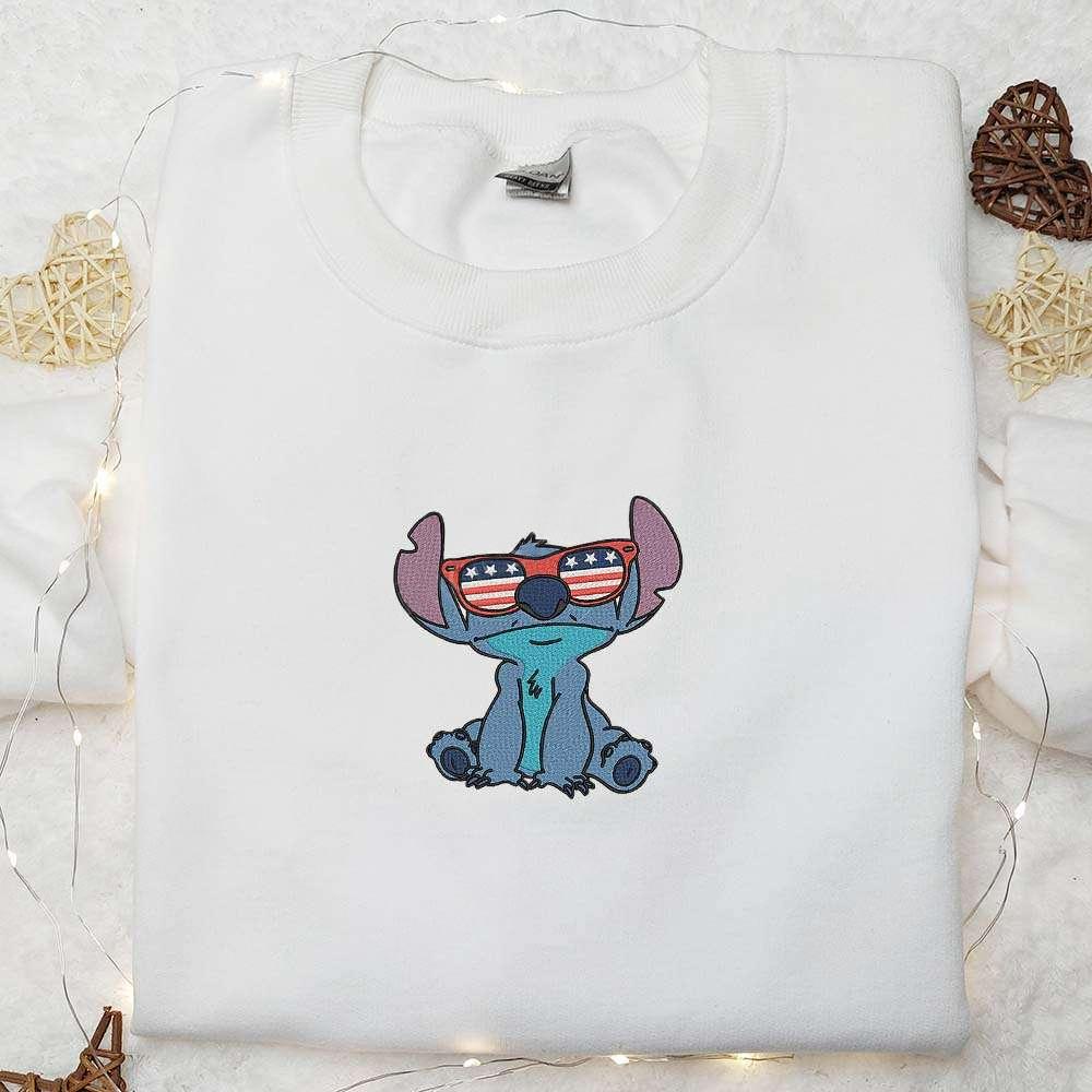 Stitch with America Glasses Embroidered Shirt Disney Embroidered Shirt Independence Day Embroidered Shirt
