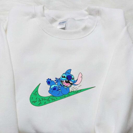 Stitch x Nike Swoosh Cartoon Embroidered Tshirt Nike Inspired Embroidered Shirt Best Gift for