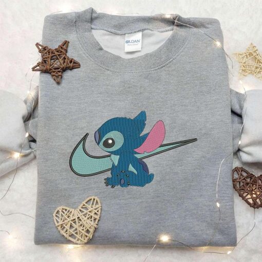 Stitch x Nike Swoosh Embroidered Sweatshirt Lilo and Stitch Cartoon Embroidered Shirt Nike Inspired Embroidered Shirt
