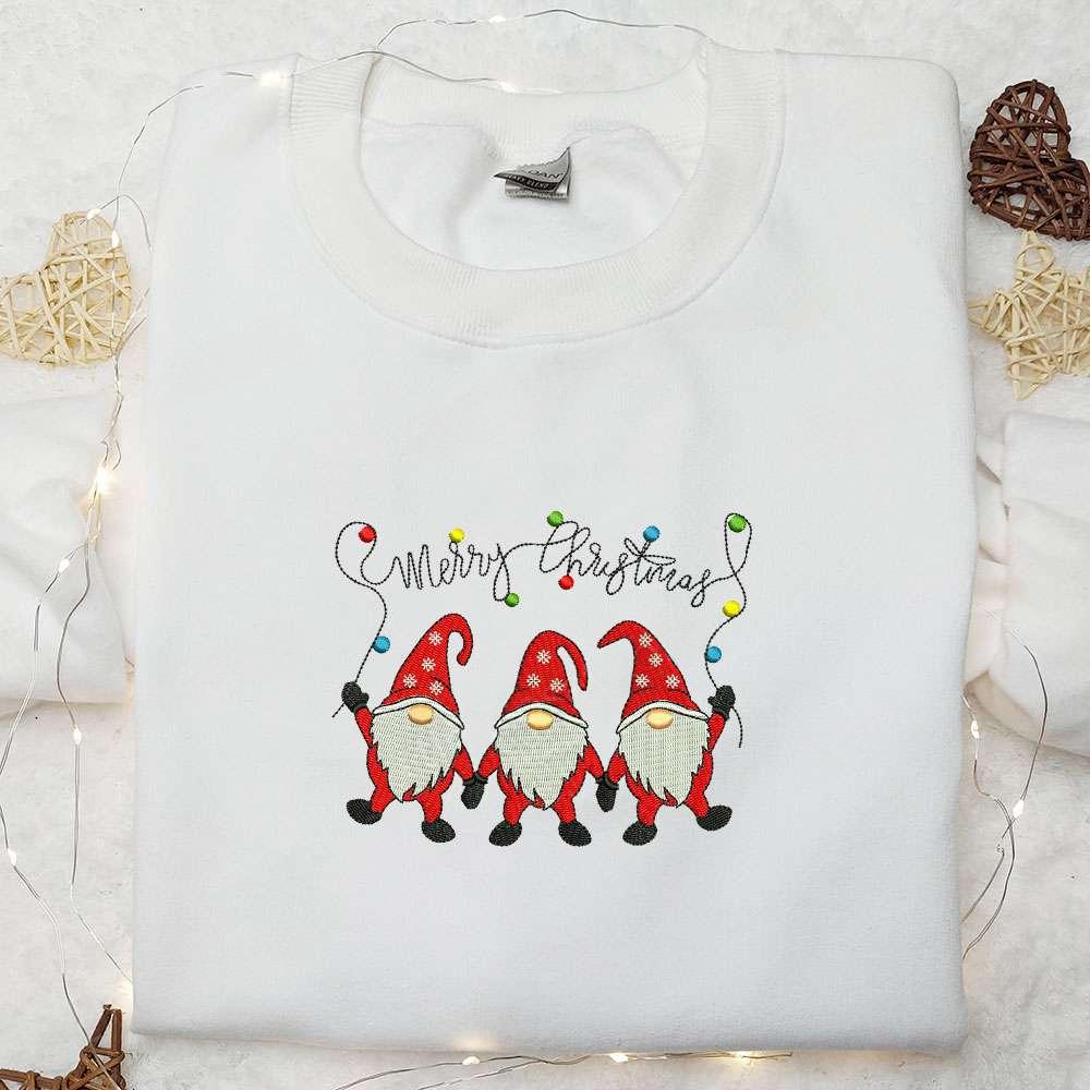 Three Gnomes Merry Christmas Embroidered Hoodie Christmas Embroidered T shirt Best Christmas Gift Ideas For Family