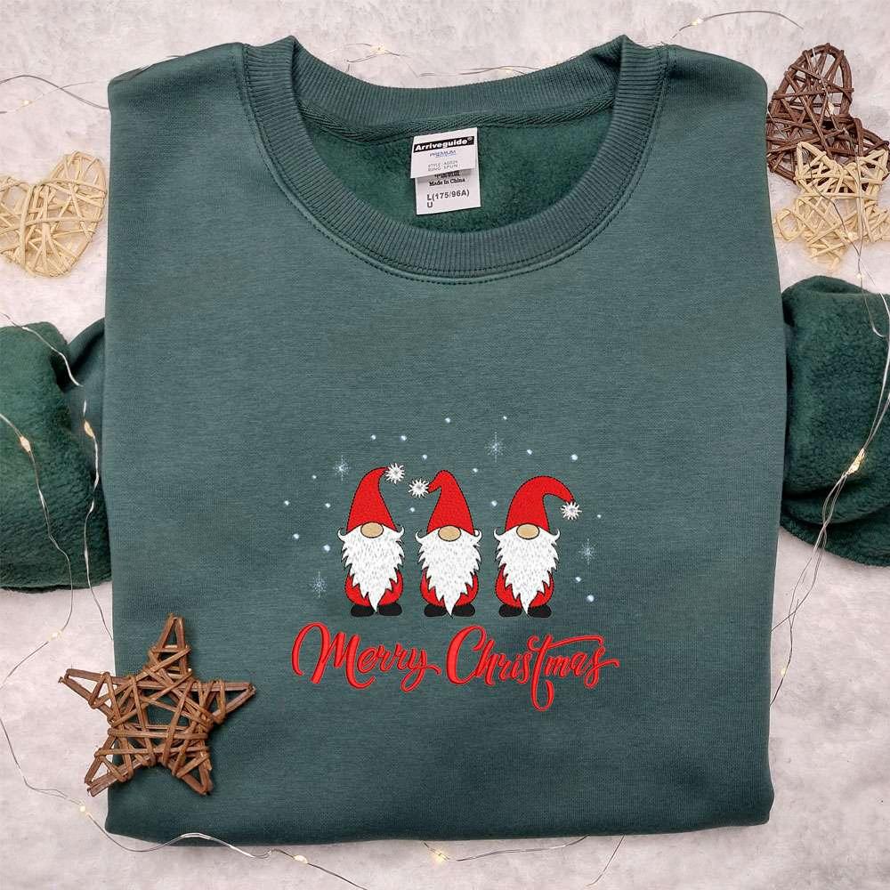 Three Gnomes Merry Christmas Embroidered Shirt Christmas Embroidered Hoodie Best Christmas Gifts For Family