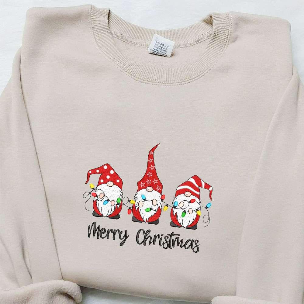 Three Gnomes Merry Christmas Lights Embroidered Shirt Christmas Embroidered Hoodie Best Christmas Gifts For Family 1