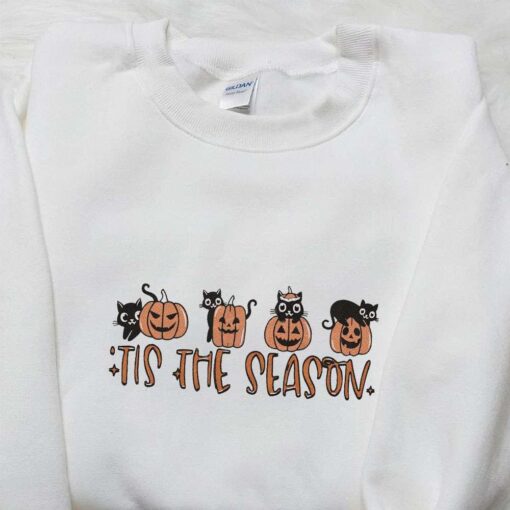 Tis The Season Retro Cat Pumpkin Embroidered Shirt Vintage Halloween Embroidered Hoodie Best Halloween Gift Ideas