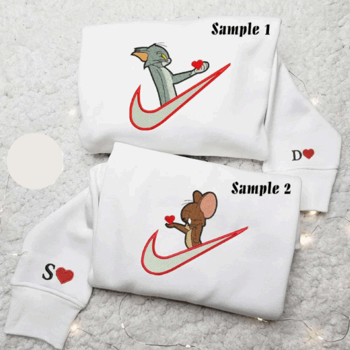 Tom And Jerry Giving Heart x Nike Couple Embroidered Shirt Cartoon Embroidered Hoodie Valentines Day Embroidered Sweatshirt