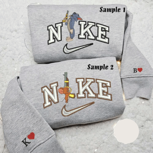 Tom And Jerry With Gun x Nike Couple Embroidered Shirt Cartoon Embroidered Hoodie Nike Inspired Embroidered Sweatshirt