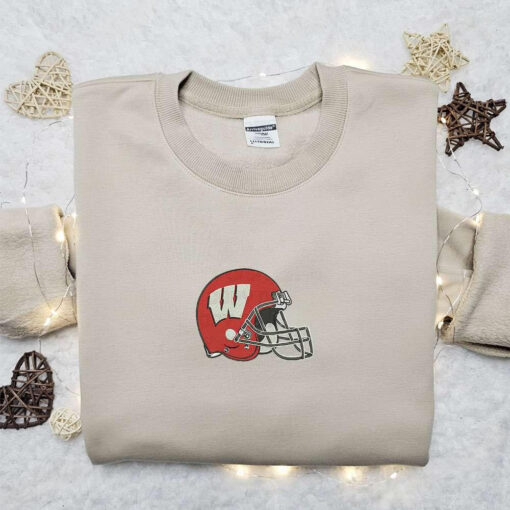 Wisconsin Badgers Helmet Embroidered Shirt NCAA Sports Embroidered Shirt Best Gift Idea