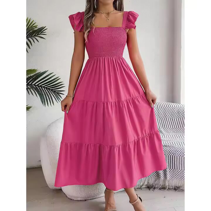 Women's Casual Midi Dress Bohemian Solid Beach Smoking Dress With Natural Waistline